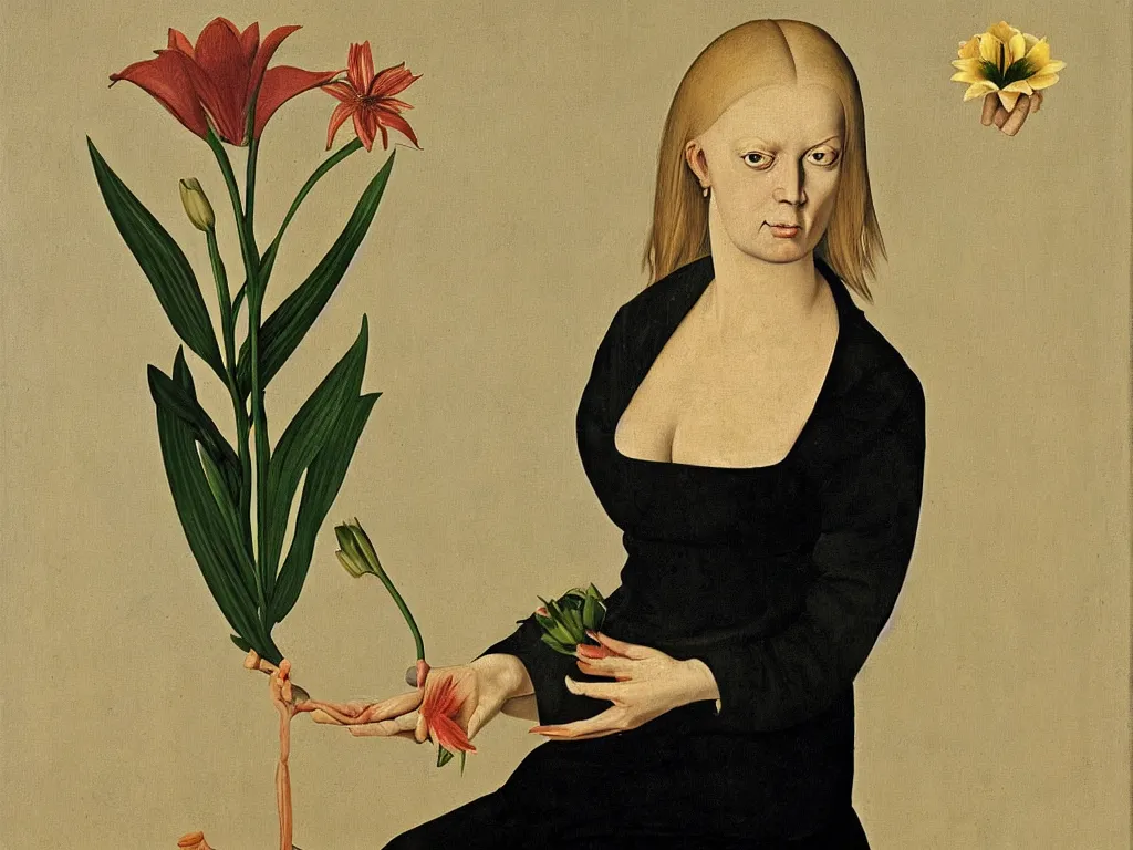 Image similar to Portrait of a simple, harsh, ugly blonde woman holding a lily. Painting by Hans Baldung Grien