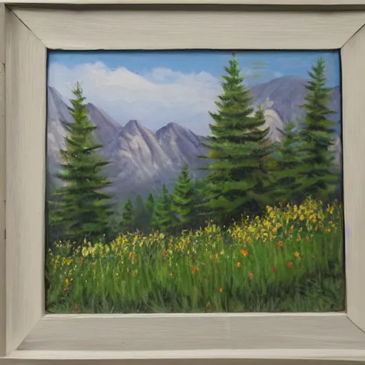 Image similar to cozy meadow at the base of a mountain. Oil on vellum.
