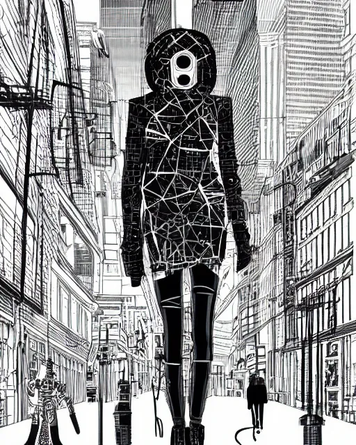 Prompt: cypherpunk fashion illustration, city street background with high tall buildings, abstract portrait highly detailed, finely detailed