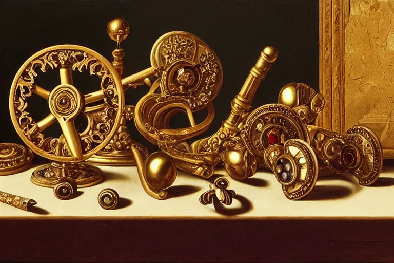 Prompt: inspiring renaissance still life of fidget spinners on an antique dresser, intricate, ornate, highly detailed fidget spinners, natural light, golden hour, oil painting by caravaggio