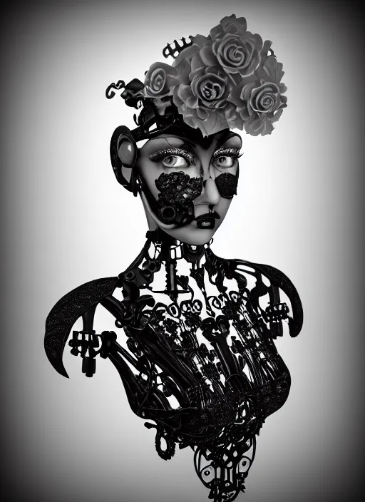 Image similar to black and white dreamy foggy poetic smoky profile face portrait, one silver steampunk realistic eye biomechanical beautiful angelic young female cyborg - robot bust, body ribs meshes,, volumetric light, hibiscus flowers, rim light, big gothic fashion pearl embroidered collar, 1 9 3 0, 8 k