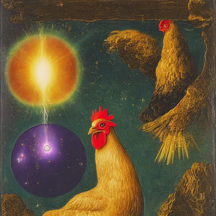 Image similar to a chicken next to a levitating iridescent luminescent orb, nebula, by jan van eyck