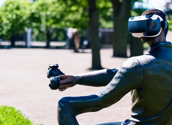 Image similar to photo still of a bronze statue of a man gaming in vr in a park on a bright sunny day, 8 k 8 5 mm f 1 6