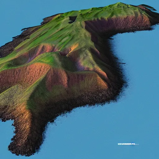 Image similar to highly realistic map of a large island with a dormant volcano in the middle, 8 k, hyperrealistic, nostalgic, ambient lighting, fantasy