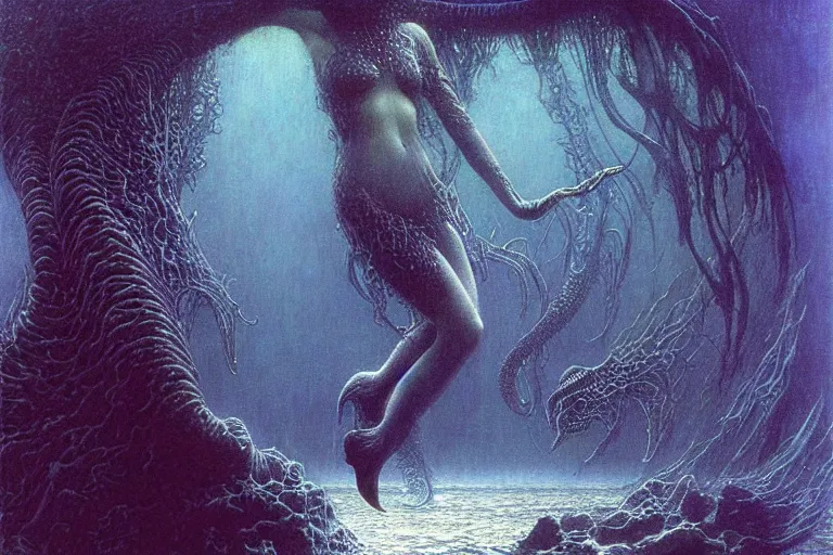 Image similar to cute young alyson hannigan with short hairs in lovecraftian underwater realm by jean delville by luis royo and wayne barlowe, beksinski