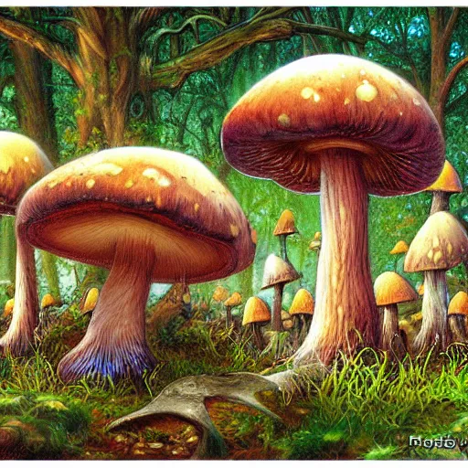 Image similar to mushroom forest drawn by ralph horsley, digital art, highly detailed, corrupted