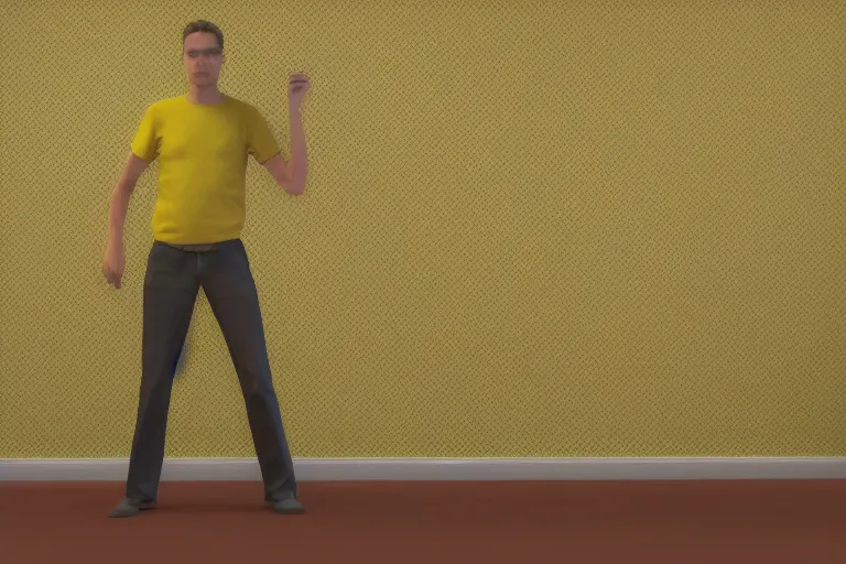 Prompt: 3 d render of jerma 9 8 5, jerma in endless halls of empty office space with worn light mono - yellow 7 0 s wallpaper, old moist carpet, and inconsistently - placed fluorescent lighting | liminal space | non - euclidean space | high octane | blender | 3 d render