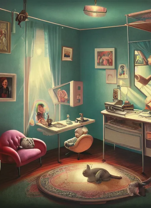 Image similar to highly detailed wide - angle portrait of a retro 1 9 6 0 s bedroom, nicoletta ceccoli, mark ryden, lostfish, earl nore, hyung tae, frank frazetta, global illumination, god rays, detailed and intricate environment