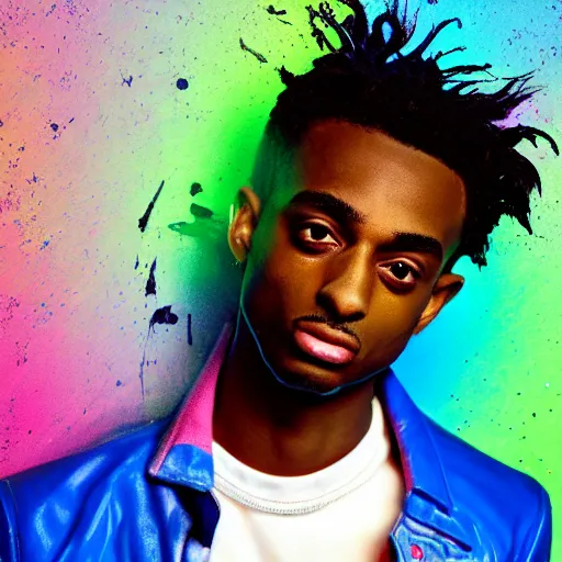 Image similar to playboi carti, photorealistic, detailed face, full body shot, 8 k, hd, neon colors, over saturated colors, wok, cluttered background with hype things, mumble,