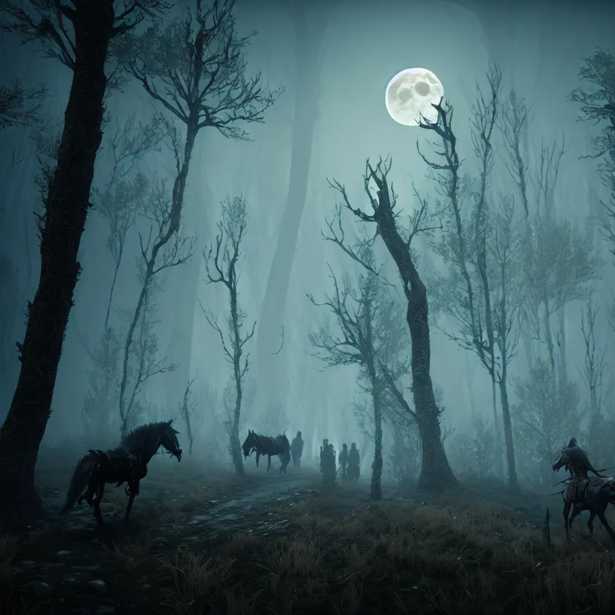 Image similar to the wild hunt, ghost riders, spectral skeletal shadowy creatures, full moon, lurking enchanted woods, blizzard, fog, treacherous road, uneasy atmosphere, cinematic, the witcher, arnold gpu + octane workflow, 8 k, unreal 5, realistic, intricate digital art, volumetric lighting, trending artstation, dark fantasy