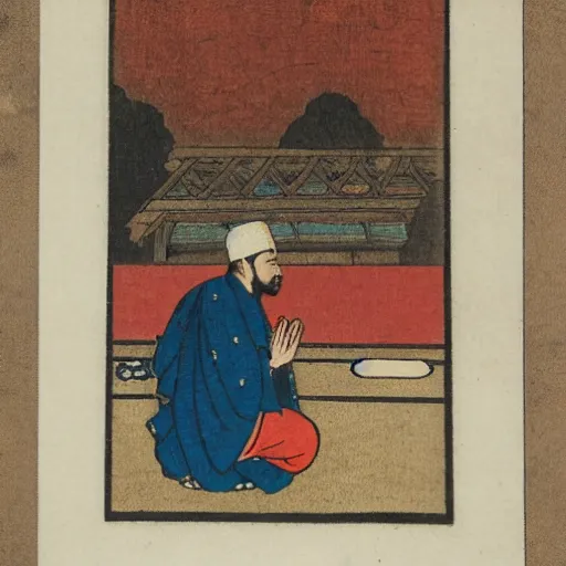 Prompt: late meiji period, colored woodblock print, muslim kneeling for prayer