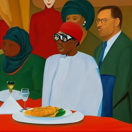 Prompt: president muhammadu buhari sitted at a lavish banquet with a large bastion of chicken minimalist solid background in the style of edward hooper and henri matisse oil painting