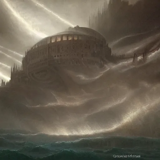 Prompt: atlantis rising, torrent, maelstrom, dante, chiseled formations, atmospheric, ambient, livia prima, greg rutkowski, edward hopper, pj crook