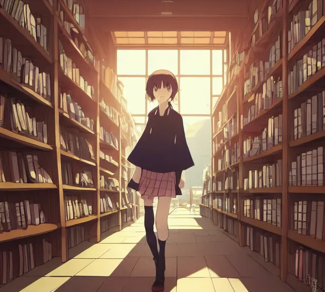 Image similar to anime visual, full body portrait of a young female traveler in a book shop interior, beautiful face by yoh yoshinari, katsura masakazu, dramatic lighting, dynamic pose, dynamic perspective, strong silhouette, anime cels, ilya kuvshinov, cel shaded, outlined edges, rounded eyes, moody, detailed character