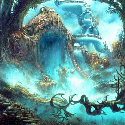 Prompt: giant amazing legendary waterpark painting by brain froud, charles vess, cinematic lighting, epic composition, highly detailed