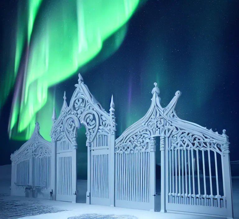 Image similar to a very detailed concept art of intricate and scandinavian white gates to aurora borealis infused with light, trending on artstation, symmetry, digital art, 4 k, hyper realistic, octane render, sharp focus