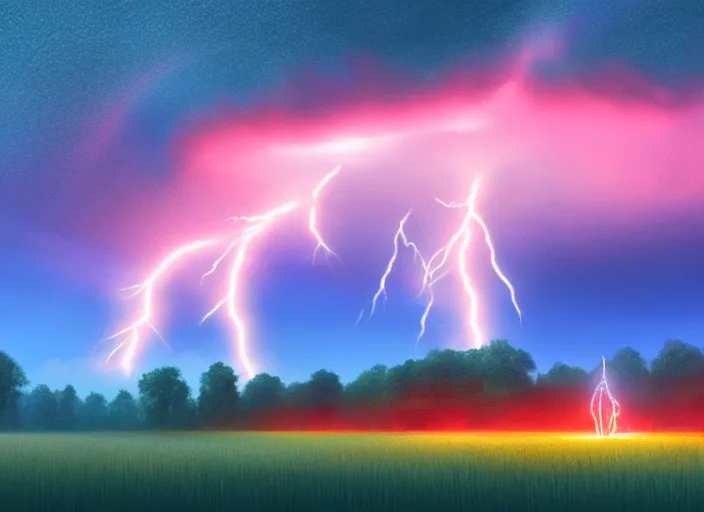 Image similar to lightning strikes a house in a field, epic red - orange aurora, perfect lightning, illustration by niko delort, 4 k, ultra realistic