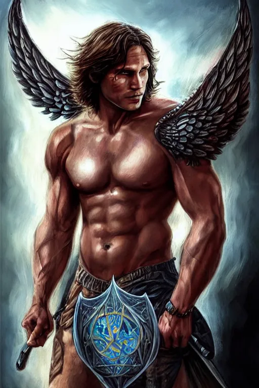 Image similar to front portrait of attractive sam winchester as a muscular warrior angel with demon wings wide open, teared apart t - shirt whole body tattooed with runes and satanic symbols, d & d!, fantasy style, sharp focus!, ultra detailed, art by artgerm and peter andrew jones, wlop