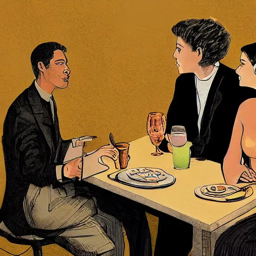 Prompt: The digital art depicts two people, a man and a woman, sitting at a table. The man is looking at the woman with a facial expression that indicates he is interested in her. The woman is looking at the man with a facial expression that indicates she is not interested in him. There is a lamp on the table between them. cell shading, goldenrod by Peter Kemp, by Alex Prager loose