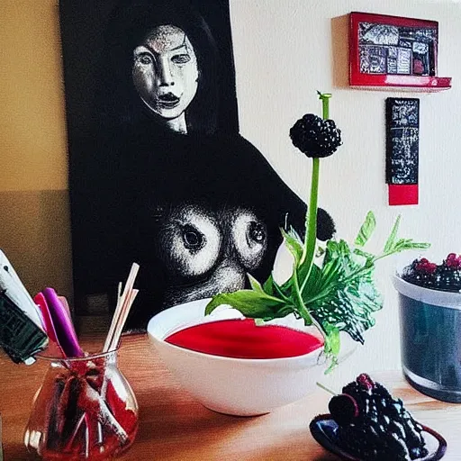 Prompt: “ a portrait in a female art student ’ s apartment, sensual, a pig theme, dreamy, art supplies, paint tubes, ikebana, herbs, a candle dripping white wax, black walls, squashed berries, berry juice drips, acrylic and spray paint and oilstick on canvas, surrealism, neoexpressionism ”