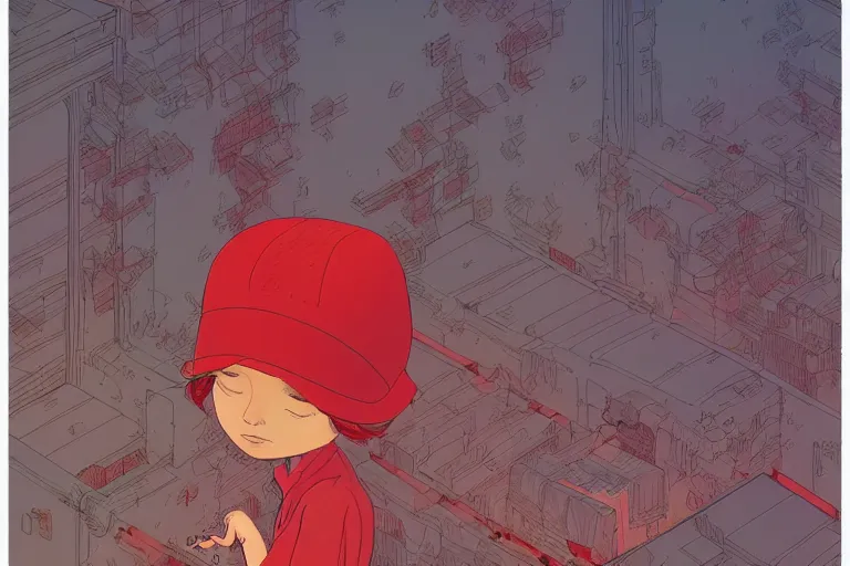 Image similar to a young girl with a red hat on a by moebius and victo ngai and goro fujita and katsuhiro otomo, ultradetailed, clean line, color comics style, dynamic lighting, night