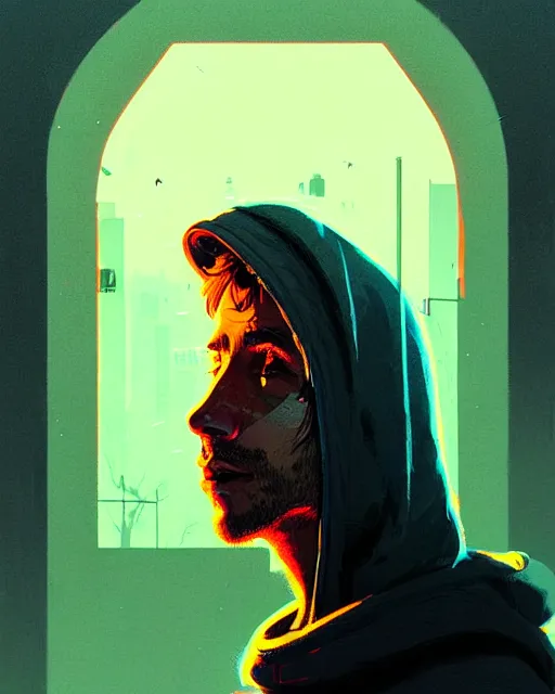 Image similar to music festival, hyper - realistic portrait of a man in a hoodie with detailed background, intricate, 4 k, by atey ghailan, by greg rutkowski, by greg tocchini, by james gilleard, by joe fenton, by kaethe butcher, dynamic lighting, lighting color scheme, sharp focus, grunge aesthetic