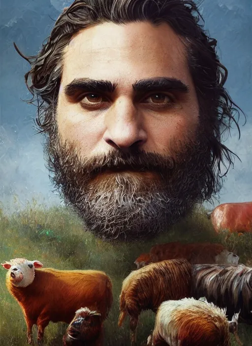 Image similar to a hyper detailed painting of joaquin phoenix surrounded by farm animals, cow, pig, sheep, chicken, horror, by anna podedworna, by miklos ligeti, by diego maricato, by taran fiddler, by antonino truisi, by chris reddie, by jinsung lim, trending on artstation