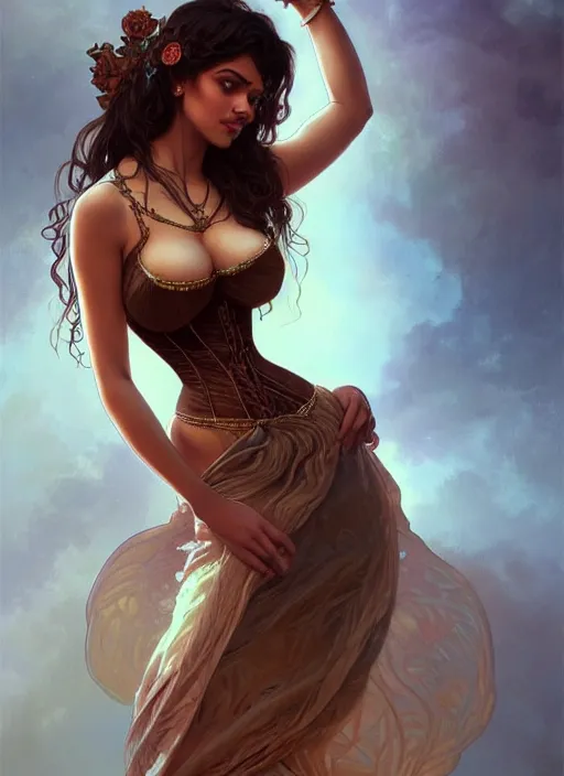 Image similar to cute brown woman wearing a translucent corset dress, fantasy, intricate, highly detailed, digital painting, artstation, concept art, wallpaper, smooth, sharp focus, illustration, art by artgerm and greg rutkowski and alphonse mucha