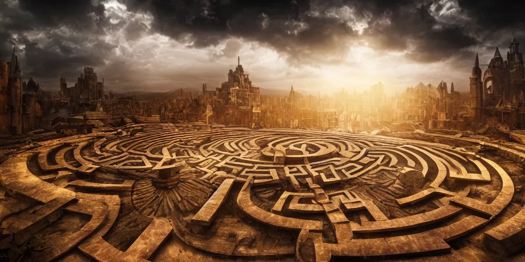 Image similar to circular labyrinth, art deco medieval style, dark vibes, golden statue in center of labyrinth, abandoned vibes, gloomy moody clouds, god sun rays, complimentary color scheme, G liulian Art style, dynamic lighting, highly detailed, cinematic landscape, studio landscape