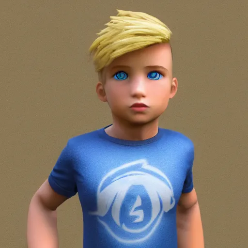 Image similar to a detailed full body image of boy with blonde hair and blue eyes wearing a black tshirt, unreal engine 5 rendered, incredibly highly detailed and realistic, 8 k, sharp focus, studio quality