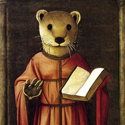 Prompt: Painting of an otter wearing nobleman's robes, holding a prayer book in a chapel, by Leonardo Da Vinci