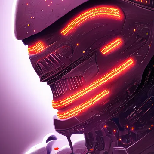 Image similar to sophisticated portrait of glowing, warm, atmospheric, misty, leds, futuristic cybernetic warrior alien in profile, highly intricate, detailed humanoid, trending on artstation