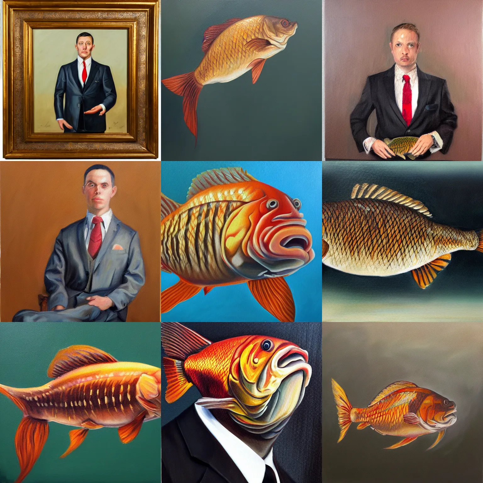 Image similar to a photorealistic oil painting portrait of a carp fish wearing a suit and tie