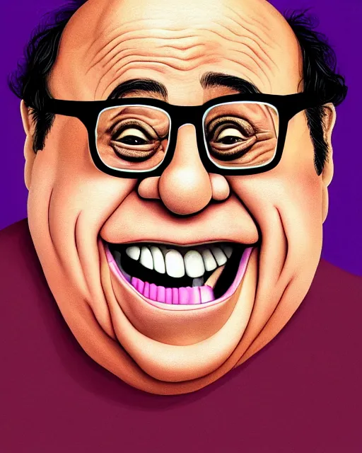 Image similar to painting portrait of danny devito as a ham, cartoon, warm lighting, danny devito has a ham body, danny devito's face on a ham. movie poster, illustration by bartek fedyczak, erak note, tooth wu, neil richards, kan liu, siwoo kim, jisu choe, trending on art station