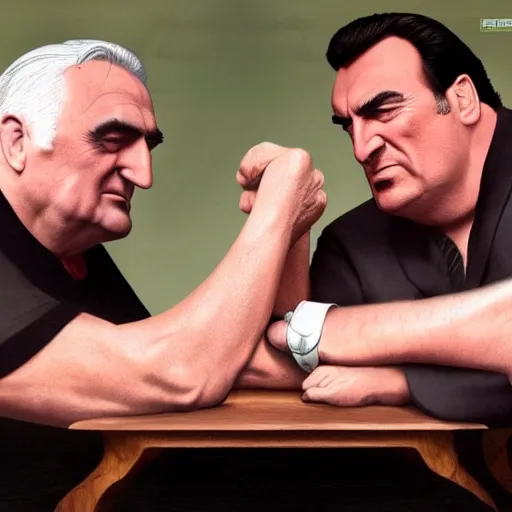 Prompt: Bertie Ahern arm wrestling Steven segal photorealistic in the style of a ansel adams