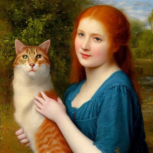 Image similar to A photorealistic painting of a redheaded woman petting a cat by a river in the style of Eugene de Blaas