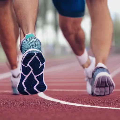 Prompt: camera looking down, barefoot running shoes on running track, advertisement