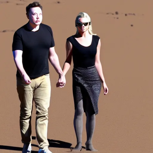 Image similar to elon musk and margot robbie holding hands on mars, highly detailed, hyper realistic