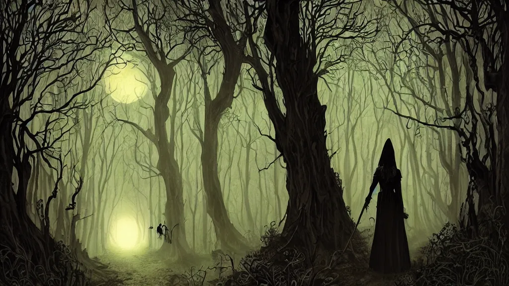 Image similar to silhouette of a witch walking in a forest path, beautiful ancient trees, serene evening atmosphere, scary, by asaf hanuka, by karol bak, by tony diterlizzi, colored pencil, fine art, scary, dark fantasy