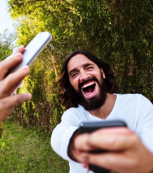 Image similar to Jesus taking a selfie. He is laughing. Professional photo