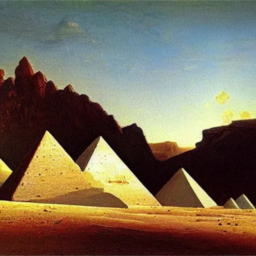 Image similar to Zinc white pyramids in the desert, oil painting, highly detailed, artwork, in style of Albert bierstadt