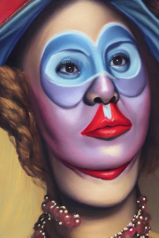 Image similar to hyperrealism oil painting, close - up portrait of commedia dell'arte fashion woman model, gradient mixed with nebula sky, in style of baroque