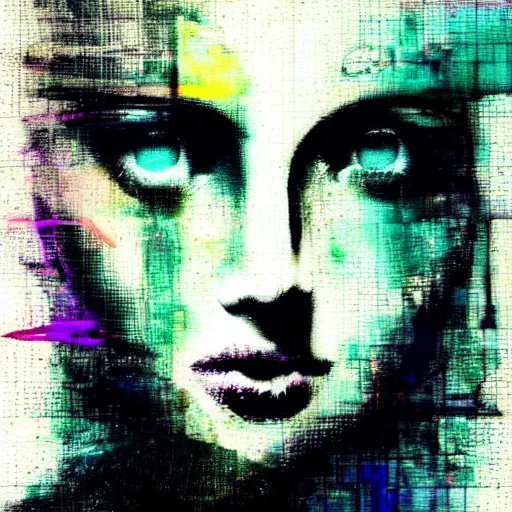 Image similar to portrait of a youthful beautiful women, mysterious, glitch effects over the eyes, fading, by Guy Denning, by Johannes Itten, by Russ Mills, centered, glitch art, clear skin, hacking effects, chromatic, cyberpunk, color blocking, digital art, concept art, abstract