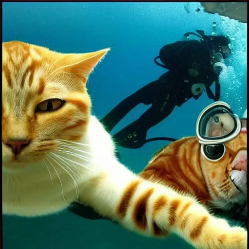 Image similar to Dreamt in `4.87s` for `!dream a cat scuba diving in a huge lake, National Geographic, beautiful masterpiece