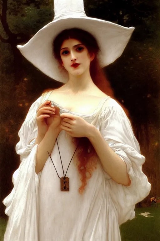 Image similar to victorian vampire in a biggest hat, white dress, painting by rossetti bouguereau, detailed art, artstation