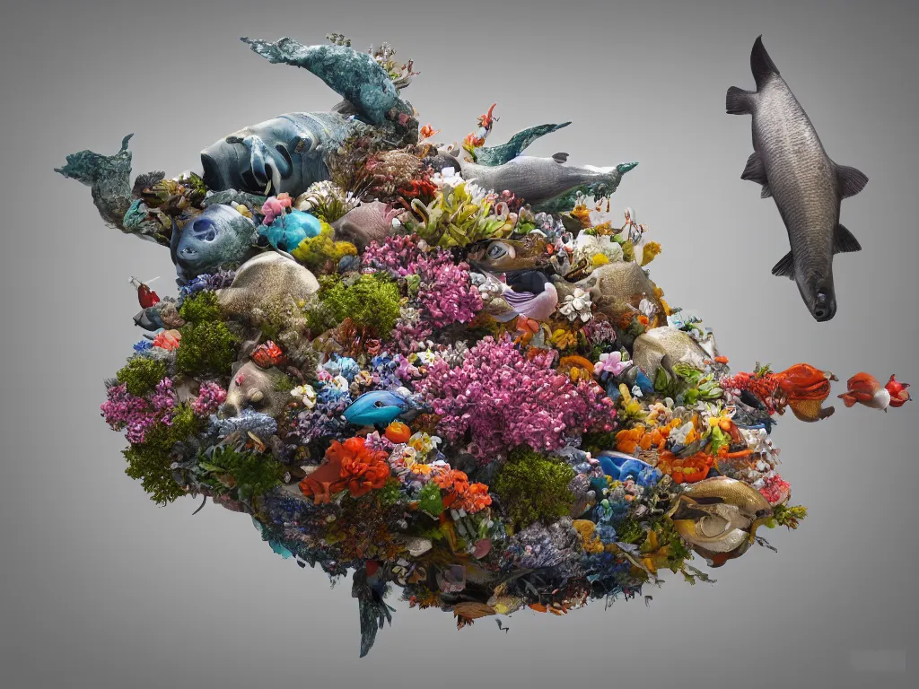 Prompt: a sculpture of fish ocean intertwined, a lovely cornucopia of flowers and cows, body parts, highly detailed, octane render, cinematic, shock, sharp focus, ball, an independent psycho, clean