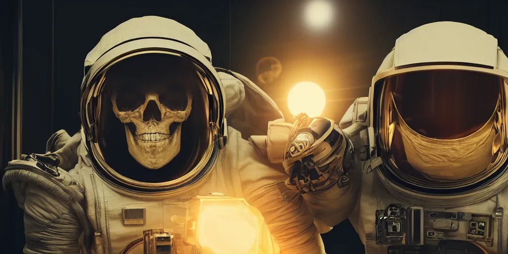 Image similar to skull in astronaut suit with gold linens, cinematic lighting, dramatic, octane render, long lens, depth of field, bokeh, anamorphic lens flare, 8k, hyper detailed