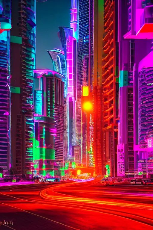 Image similar to neon streets of dubai, 4 k, award winning photo