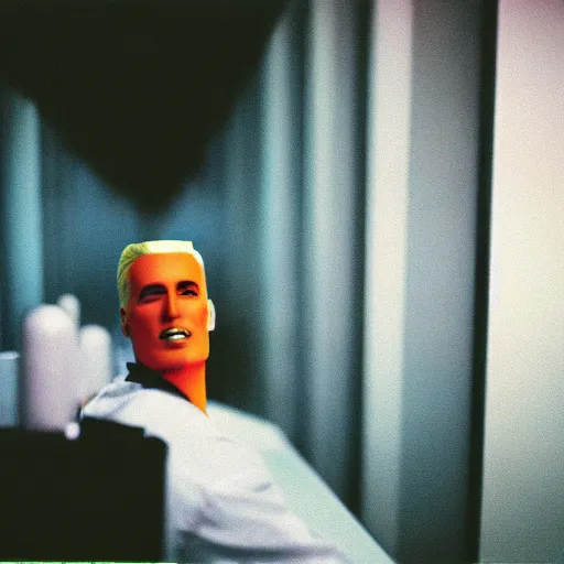 Image similar to Max Headroom 20 minutes into the future, cinestill 800t 35mm