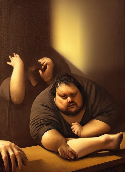 Image similar to insanely detailed chiaroscuro image of a exhausted - looking slightly ( ( ( overweight ) ) ) casually - dressed programmer guy on his knees facing his glowing ultrawide computer monitor monitor begging it for forgiveness, oil on canvas, masterwork, fine detail, trending on artstation, emotive, insanely compelling, ryden, koons, moebius